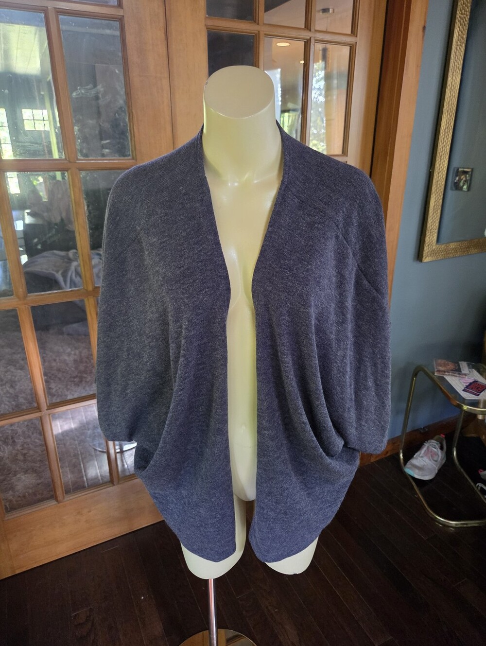Cozy Open-Front Women's Sweater Cardigan Heathered Blue Gray With Batwing Sleeve